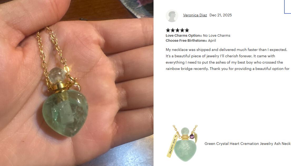 Green Crystal Heart Cremation Jewelry Ash Necklace Urn - Love Charms® Option