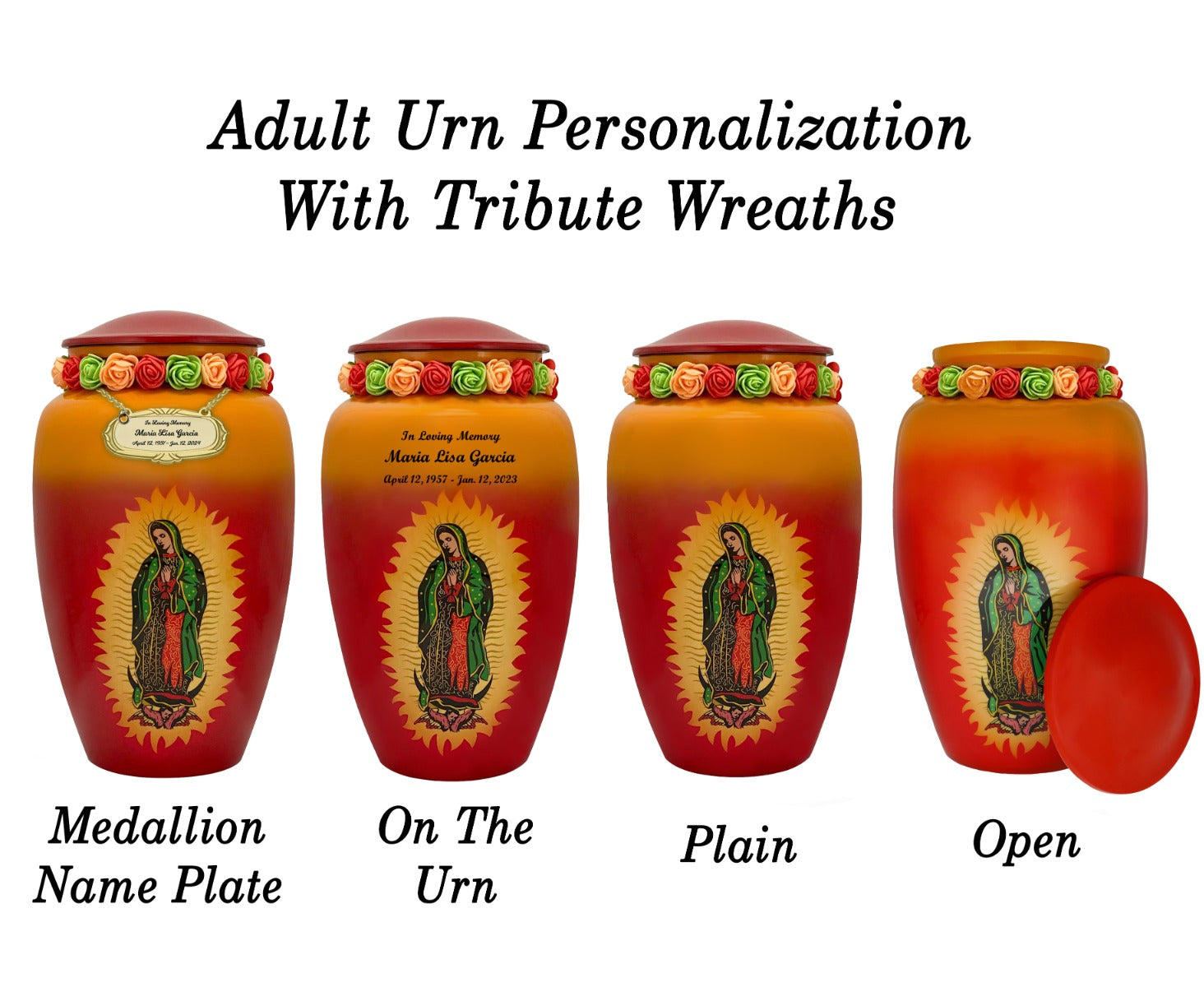 Guadalupe Medium or Adult Cremation Urn - Tribute Wreath™ - Pro Personalization - Burial Vault Option