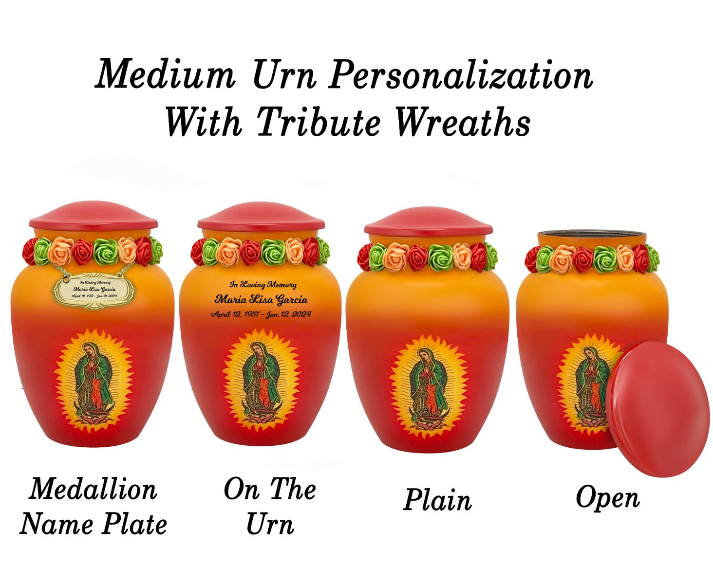 Guadalupe Medium or Adult Cremation Urn - Tribute Wreath™ - Pro Personalization - Burial Vault Option