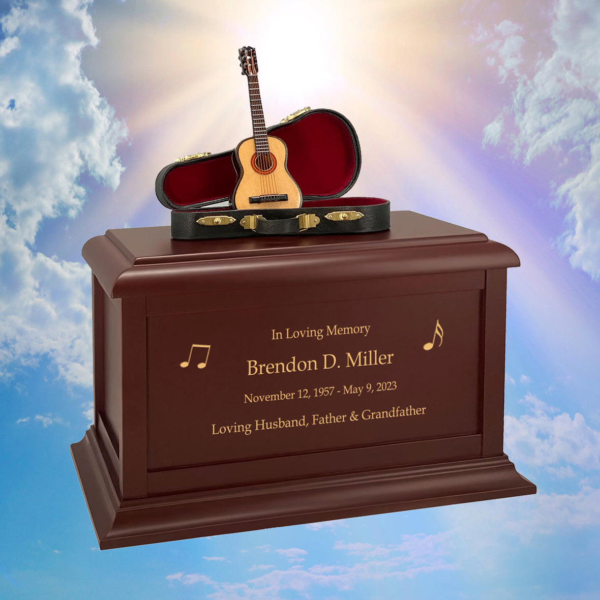 Acoustic Guitar Case Cremation Urn - Adult Wood and Miniature Instrument Urn