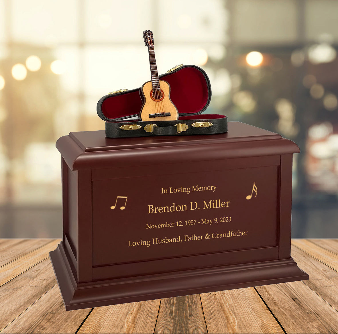 Acoustic Guitar Case Cremation Urn - Adult Wood and Miniature Instrument Urn