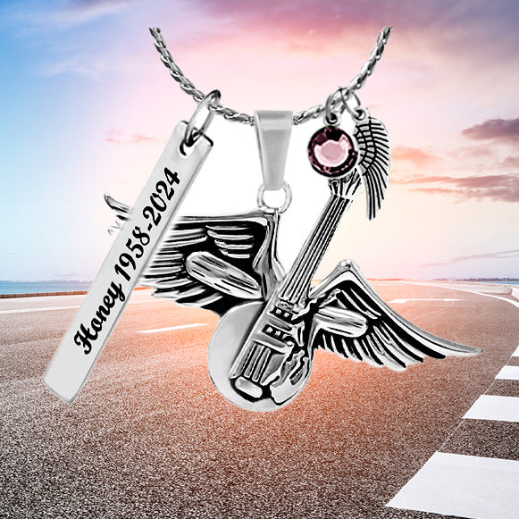 Winged Guitar Ashes Cremation Jewelry Urn - Love Charms® Option