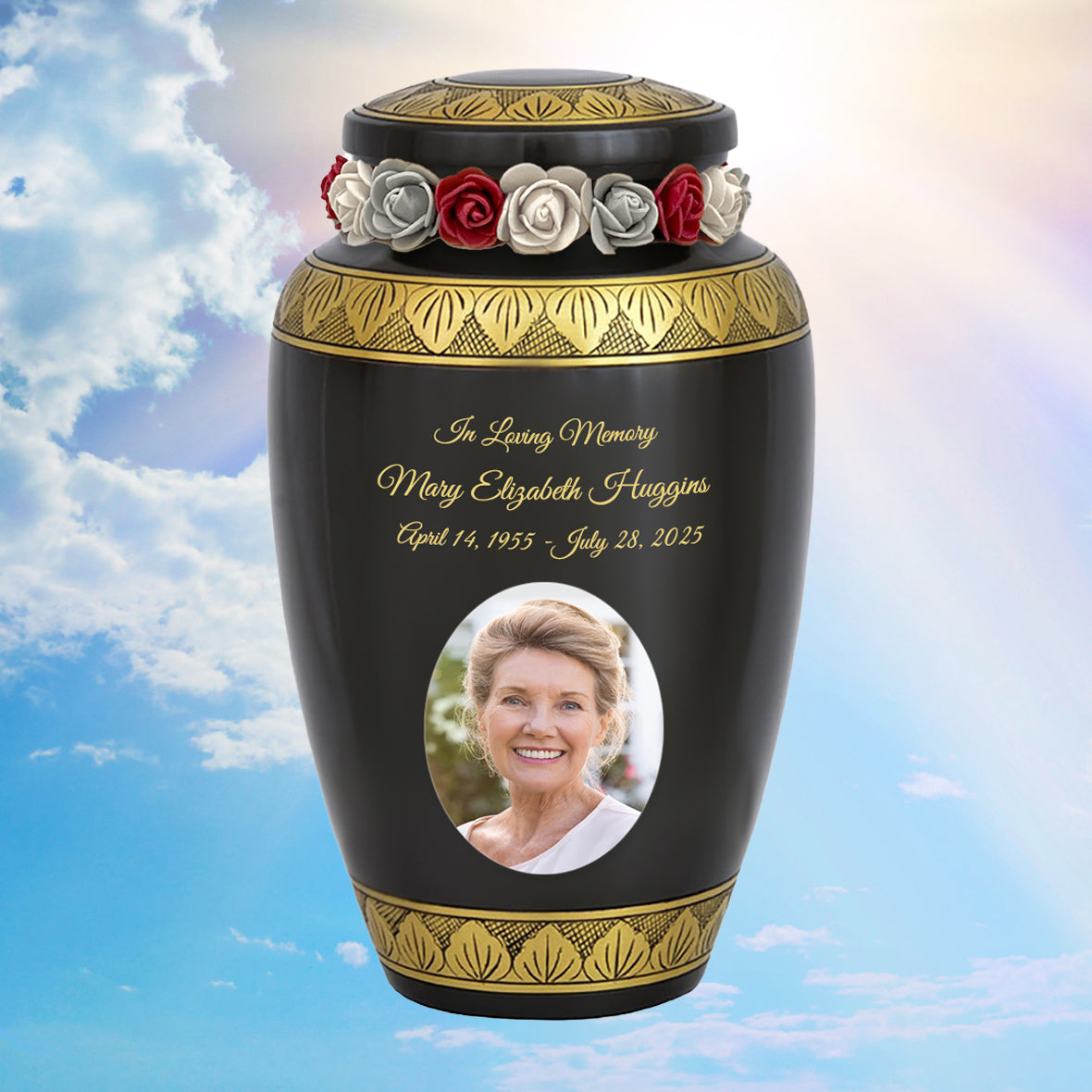 Golden Gunmetal Photo Cremation Adult Urn - Tribute Wreath™ - Pro Personalization - Burial Vault Option
