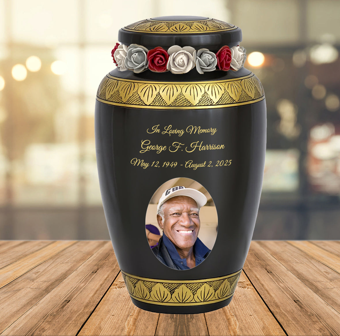 Golden Gunmetal Photo Cremation Adult Urn - Tribute Wreath™ - Pro Personalization - Burial Vault Option