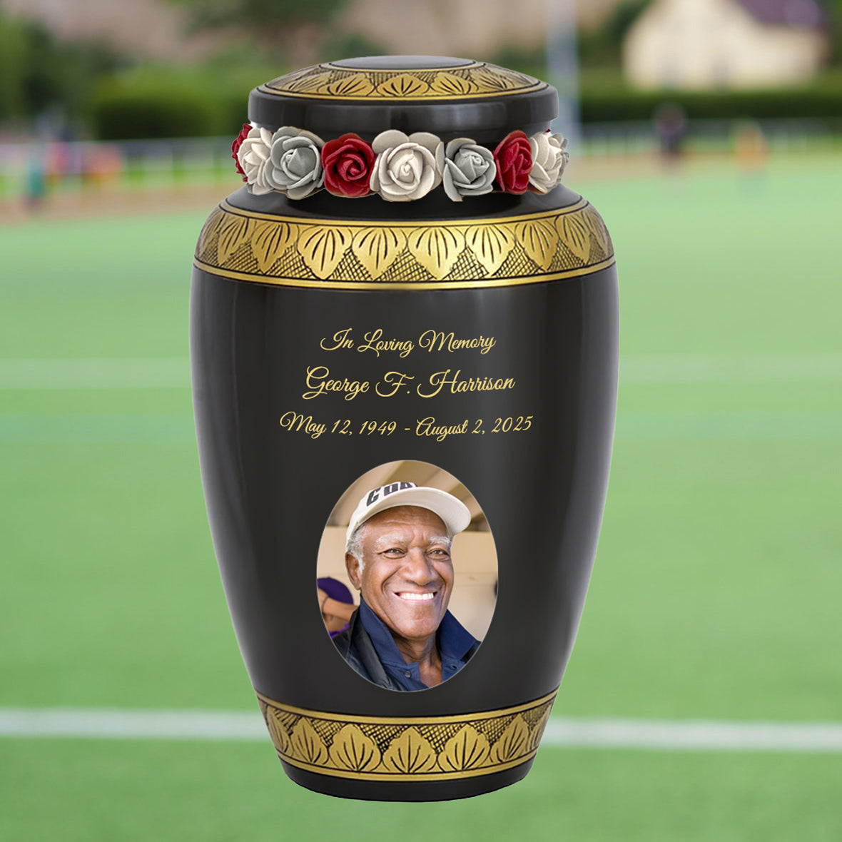 Golden Gunmetal Photo Cremation Adult Urn - Tribute Wreath™ - Pro Personalization - Burial Vault Option