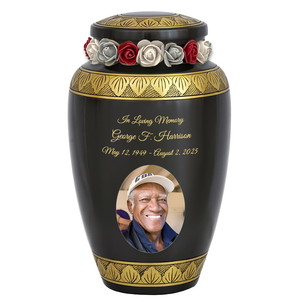 Golden Gunmetal Photo Cremation Adult Urn - Tribute Wreath™ - Pro Personalization - Burial Vault Option