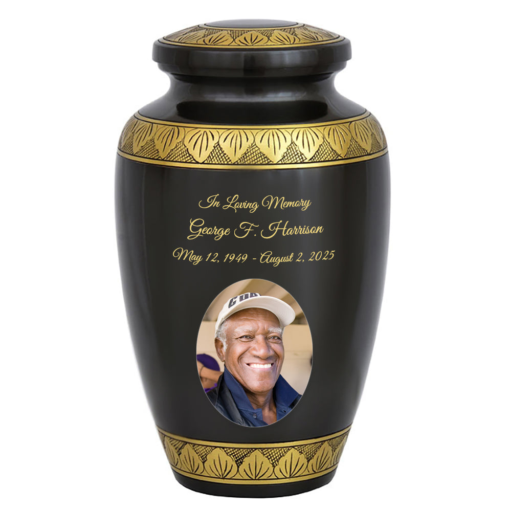 Golden Gunmetal Photo Cremation Adult Urn - Tribute Wreath™ - Pro Personalization - Burial Vault Option