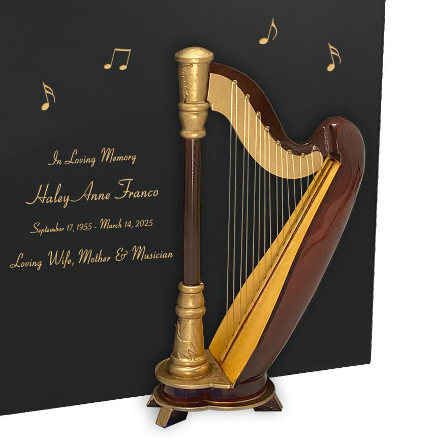 Harp Wood Adult Cremation Urn - Miniature Harp - Photo Option