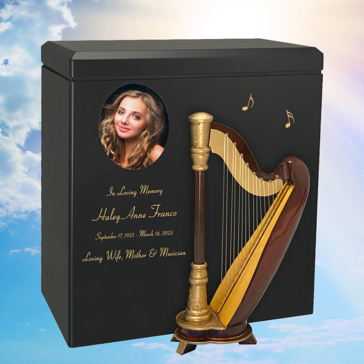 Harp Wood Adult Cremation Urn - Miniature Harp - Photo Option