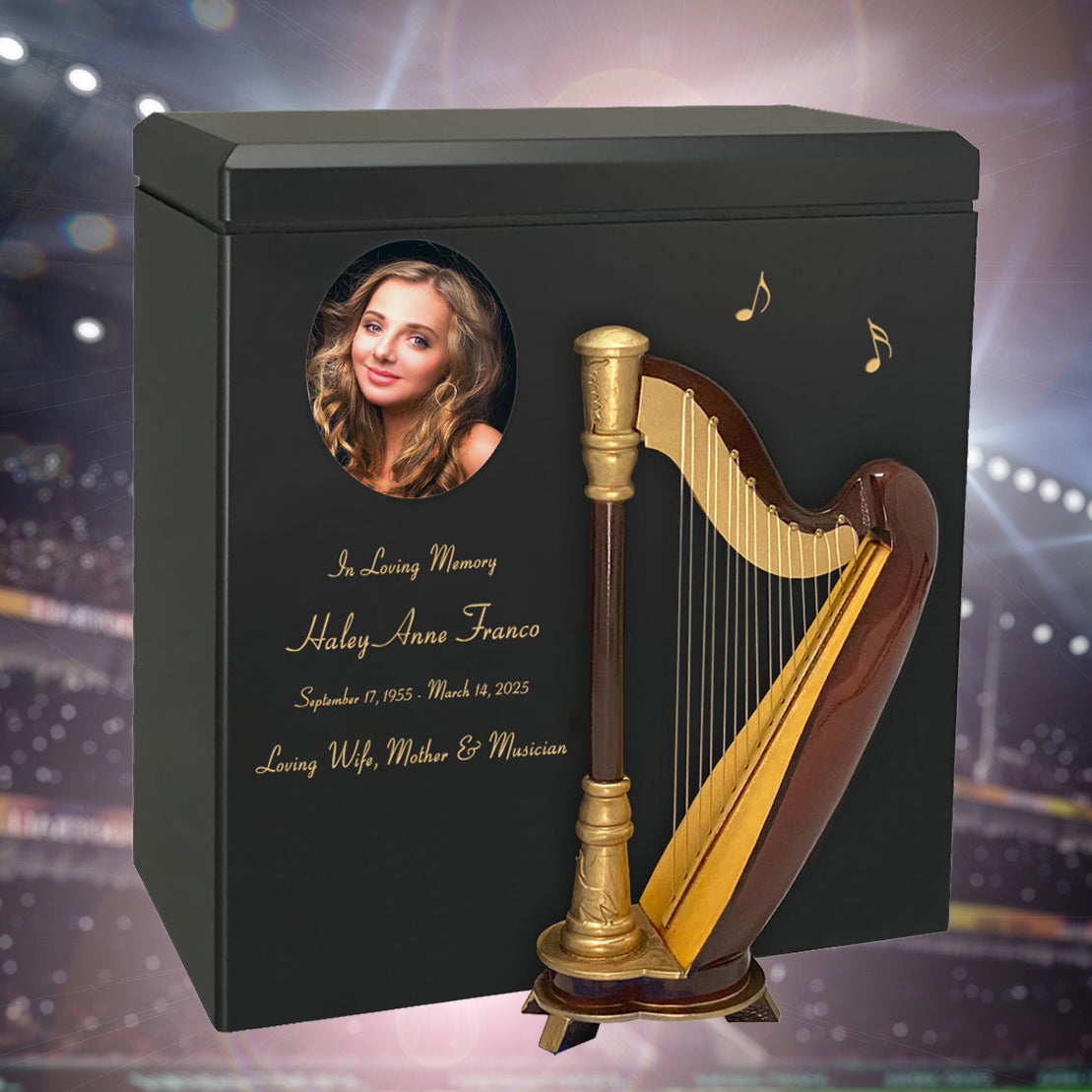 Harp Wood Adult Cremation Urn - Miniature Harp - Photo Option