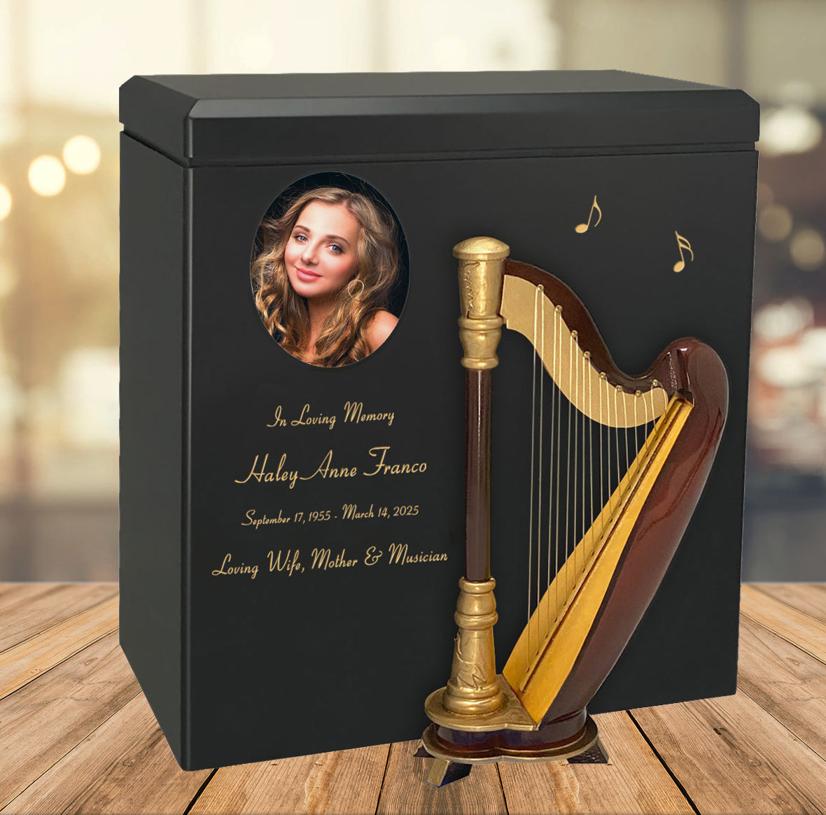 Harp Wood Adult Cremation Urn - Miniature Harp - Photo Option
