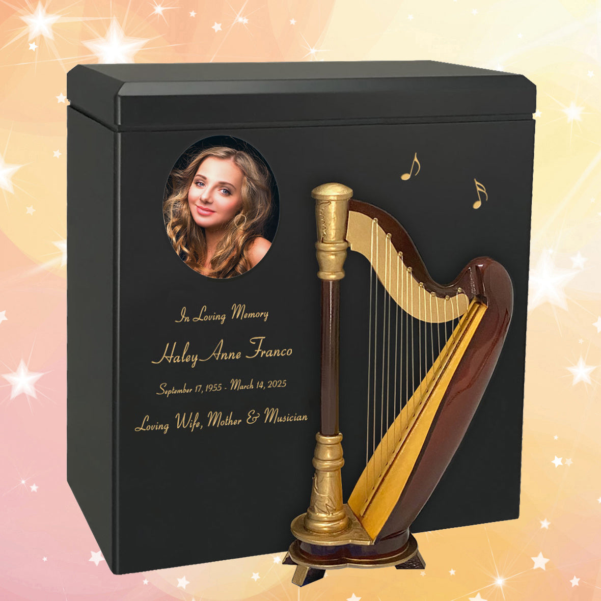 Harp Wood Adult Cremation Urn - Miniature Harp - Photo Option