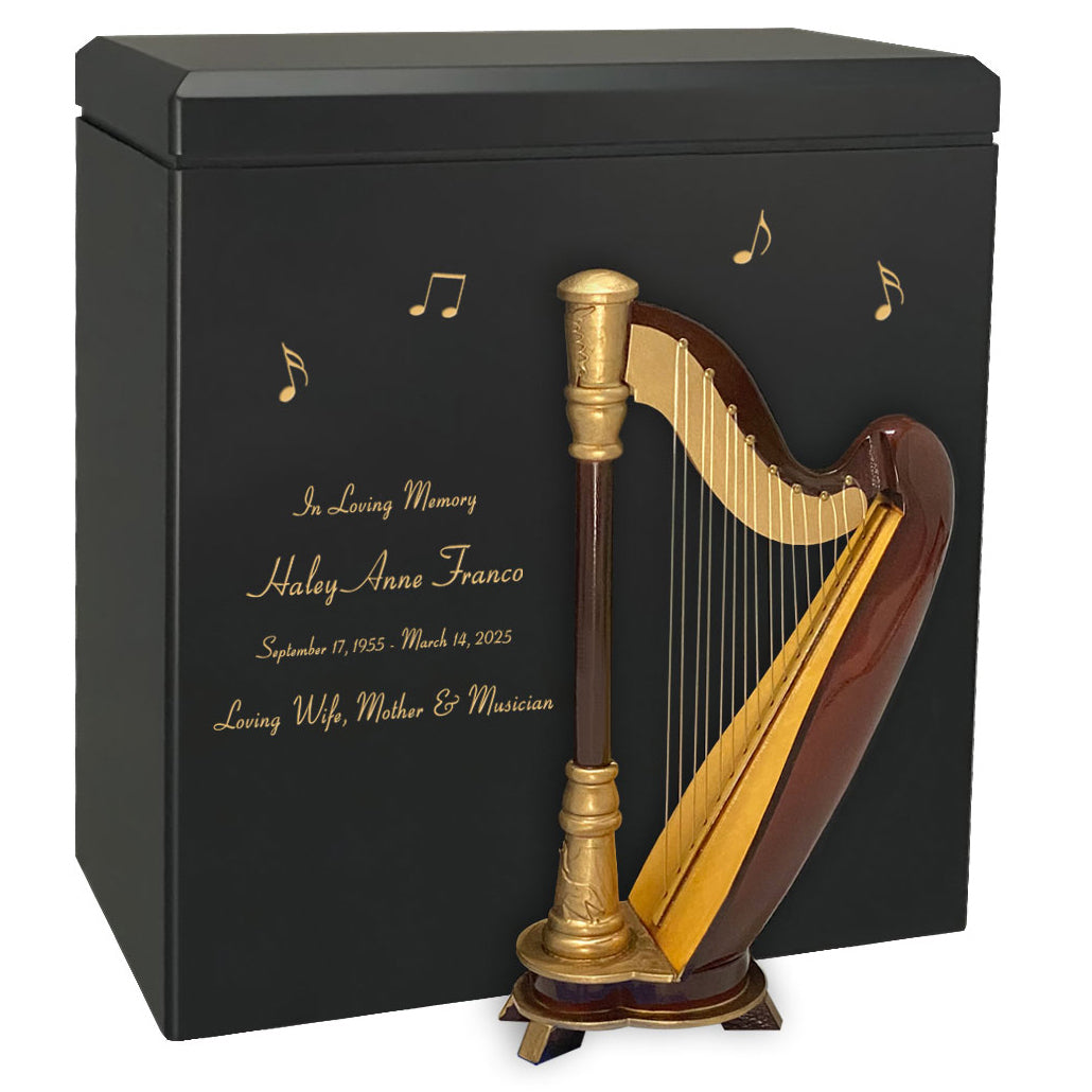 Harp Wood Adult Cremation Urn - Miniature Harp - Photo Option