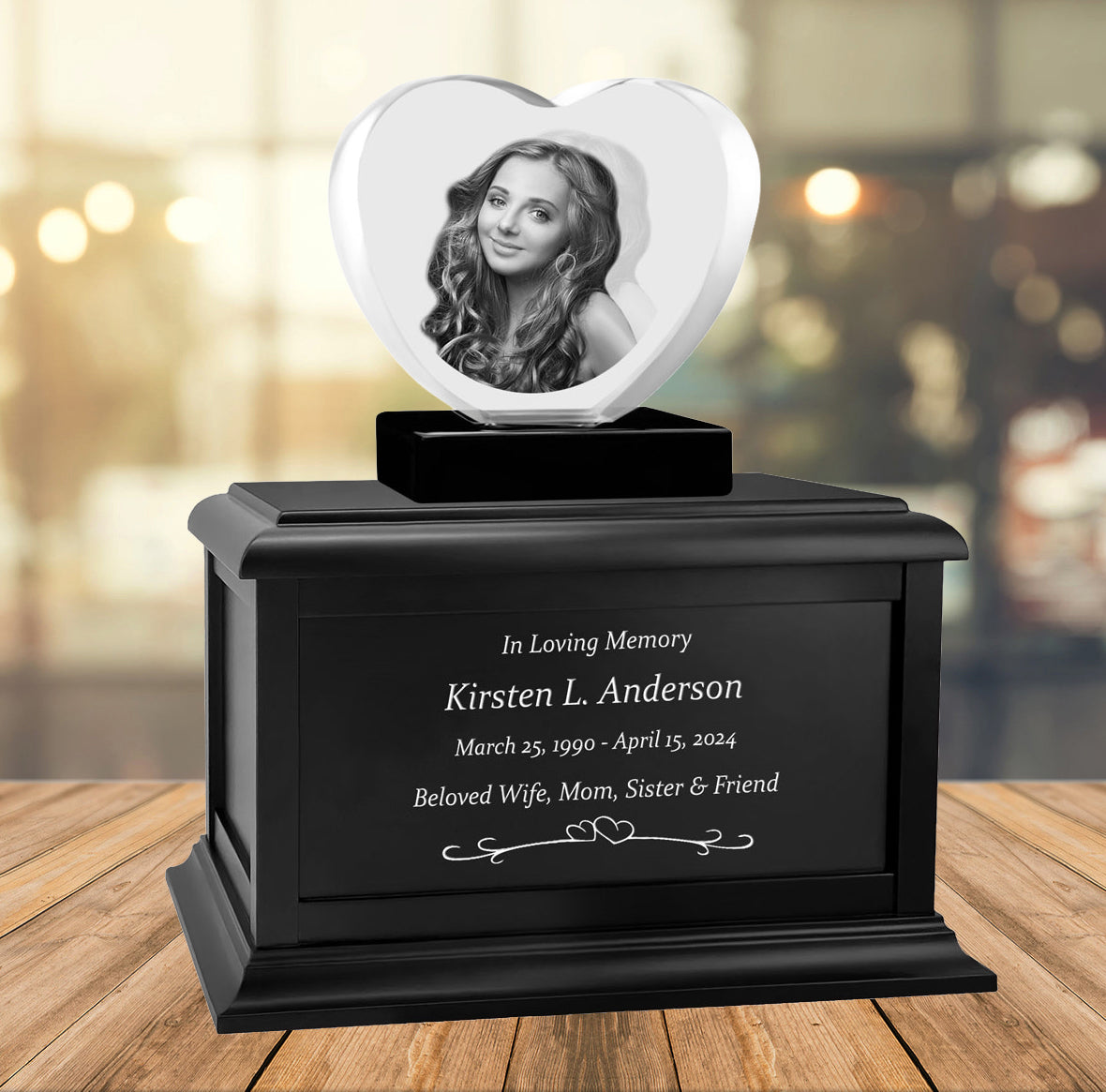 Heart 3D Crystal Black, Brown or White Keep The Memory® Wood Urn Set - 3D Crystal Photo Engraved Wood Urn