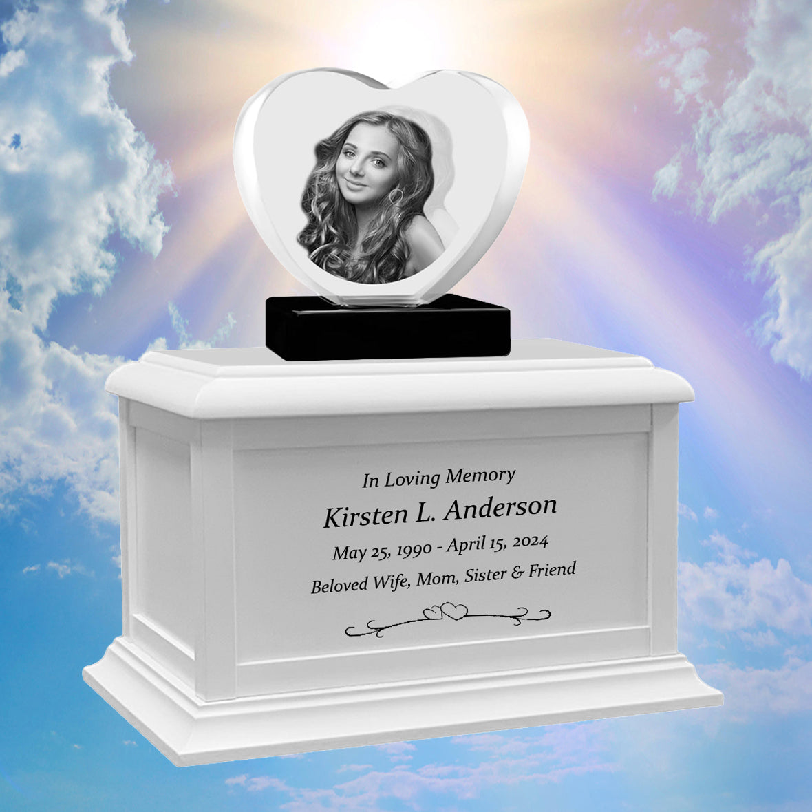 Heart 3D Crystal Black, Brown or White Keep The Memory® Wood Urn Set - 3D Crystal Photo Engraved Wood Urn