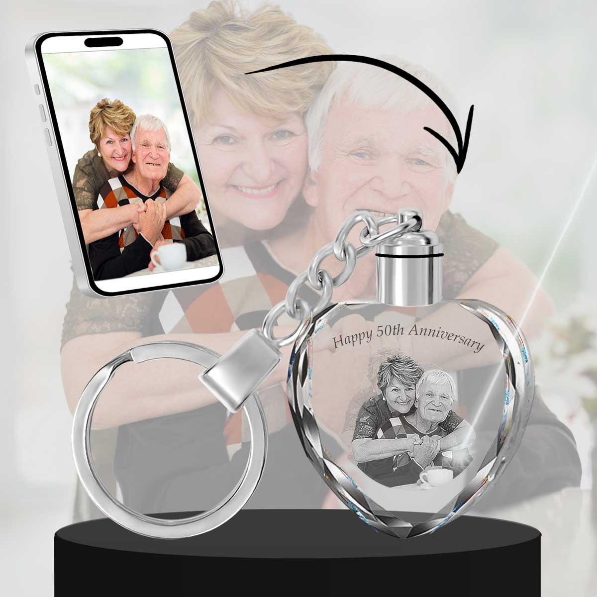 2D Crystal Photo Heart Keychain - Engraving Option - Lights Up