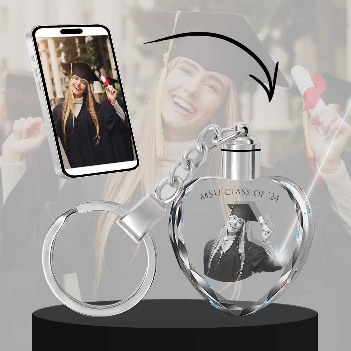 2D Crystal Photo Heart Keychain - Engraving Option - Lights Up