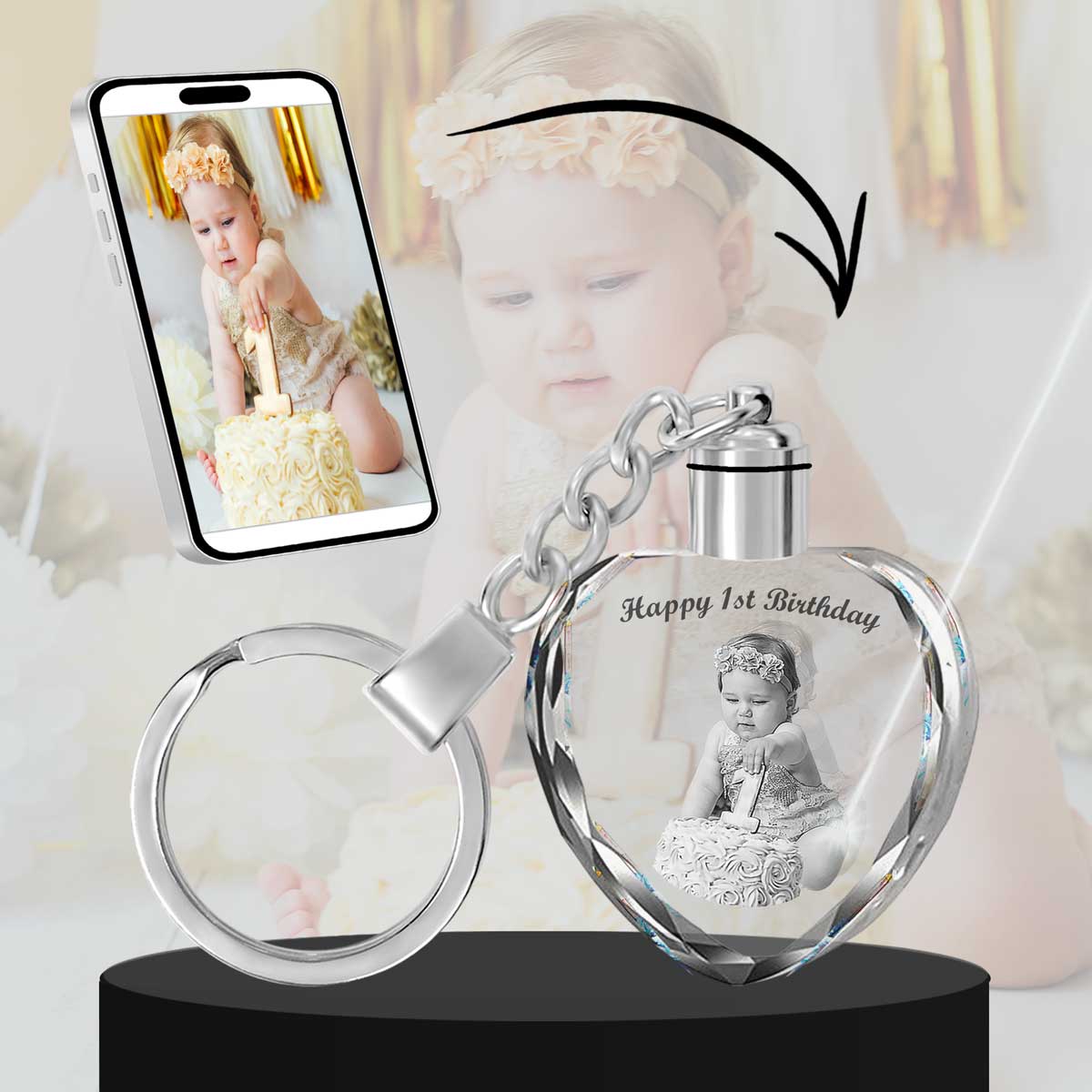 2D Crystal Photo Heart Keychain - Engraving Option - Lights Up