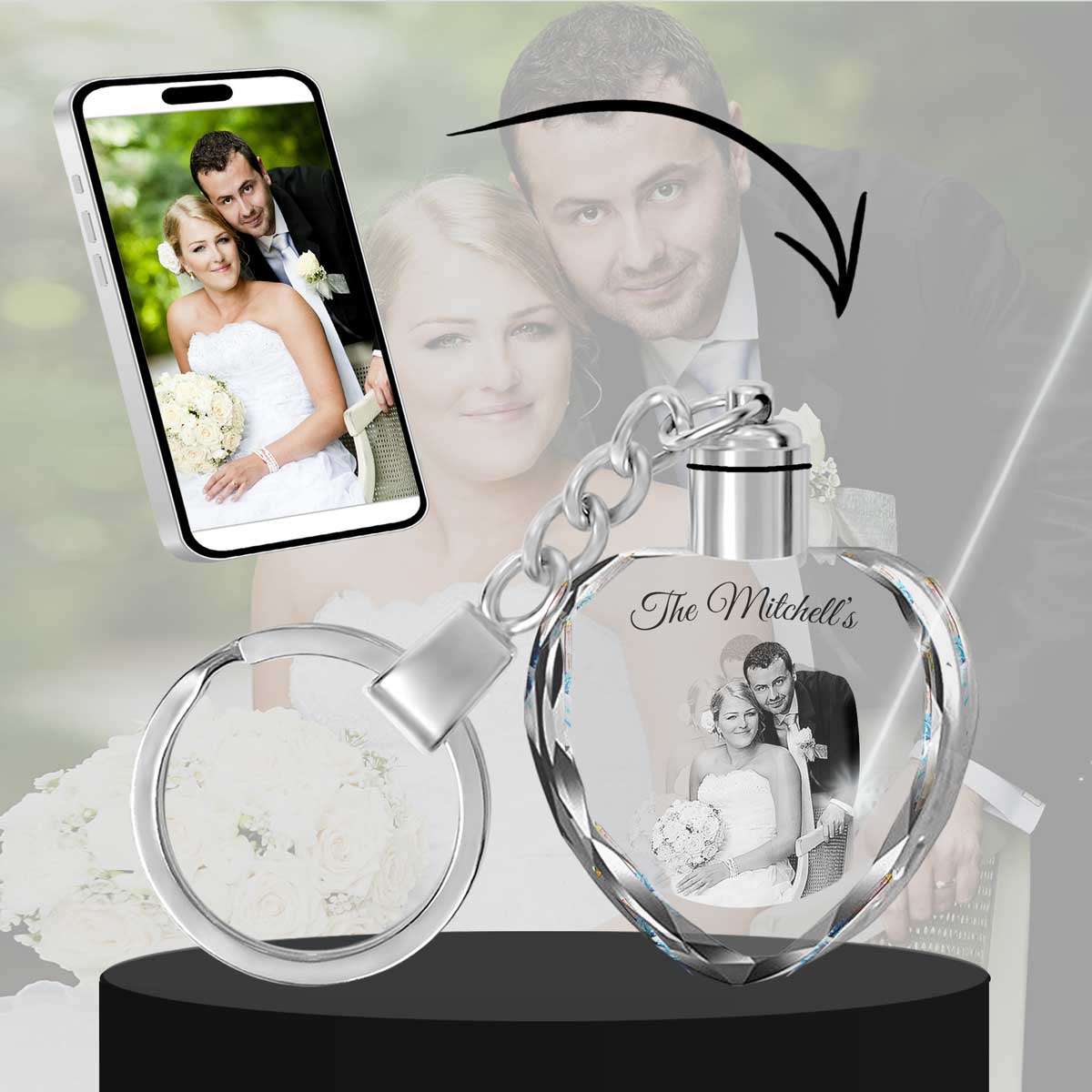 2D Crystal Photo Heart Keychain - Engraving Option - Lights Up