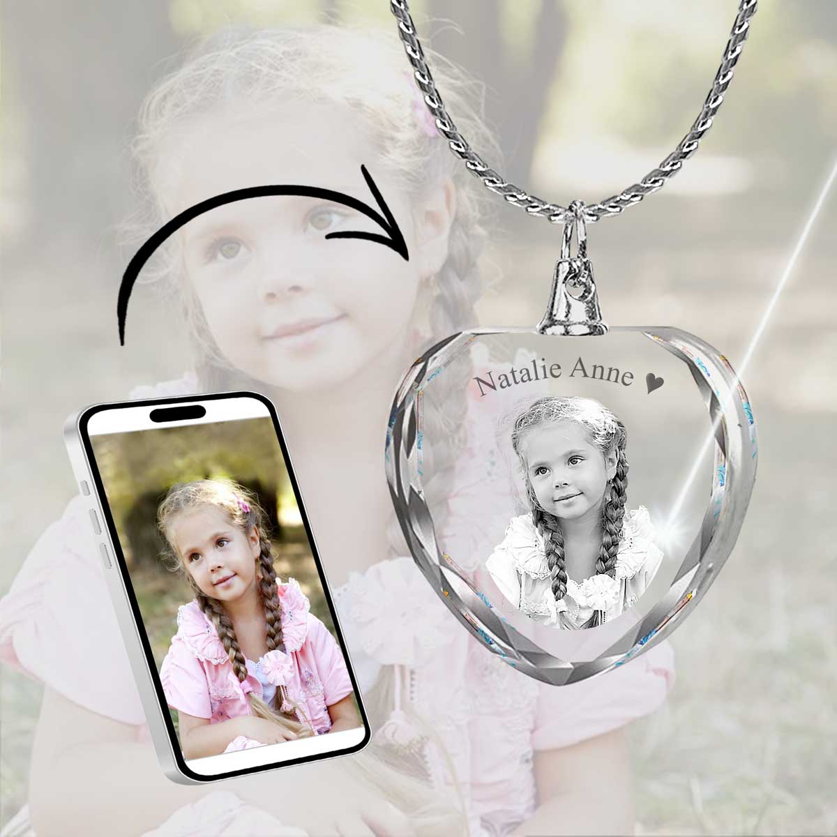 2D Crystal Photo Heart Necklace Pendant - Engraving Option - Free Chain