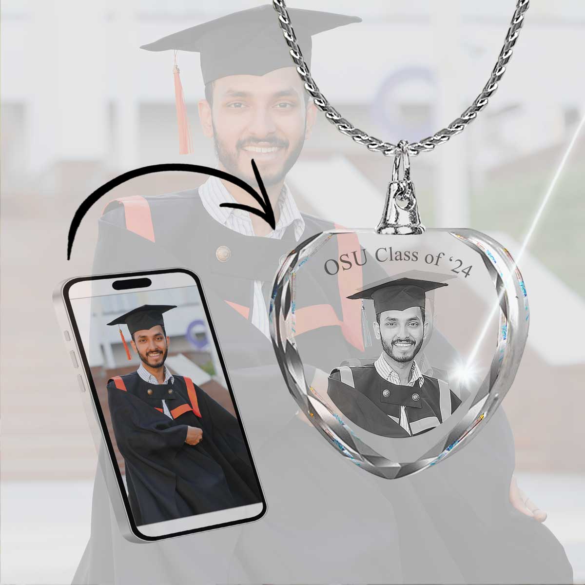 2D Crystal Photo Heart Necklace Pendant - Engraving Option - Free Chain