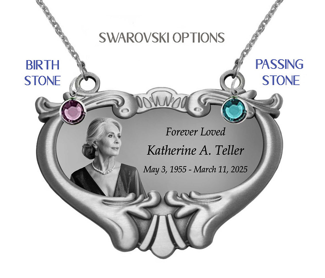NEW! Photo Heart Medallion Urn Name Plate - Birth & Passing Stone Option