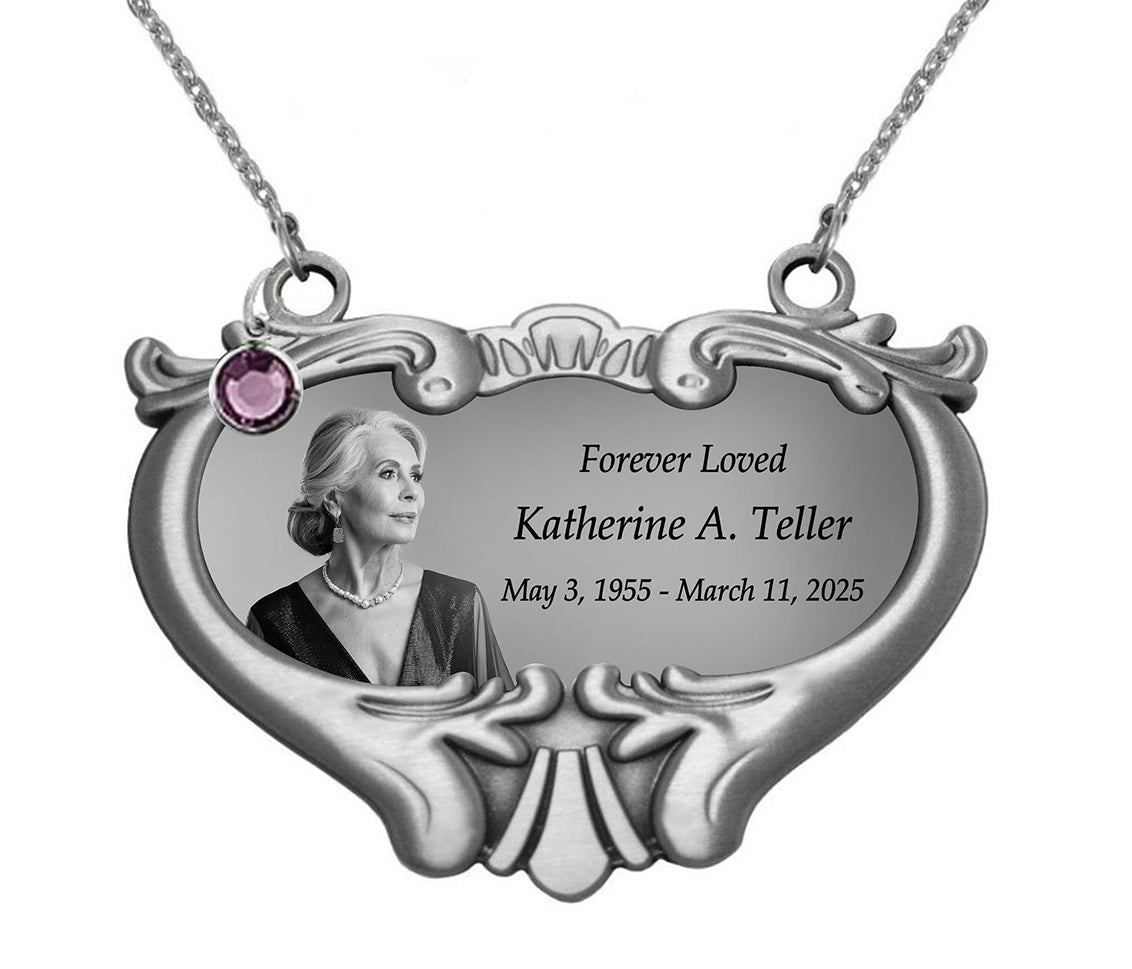 NEW! Photo Heart Medallion Urn Name Plate - Birth & Passing Stone Option