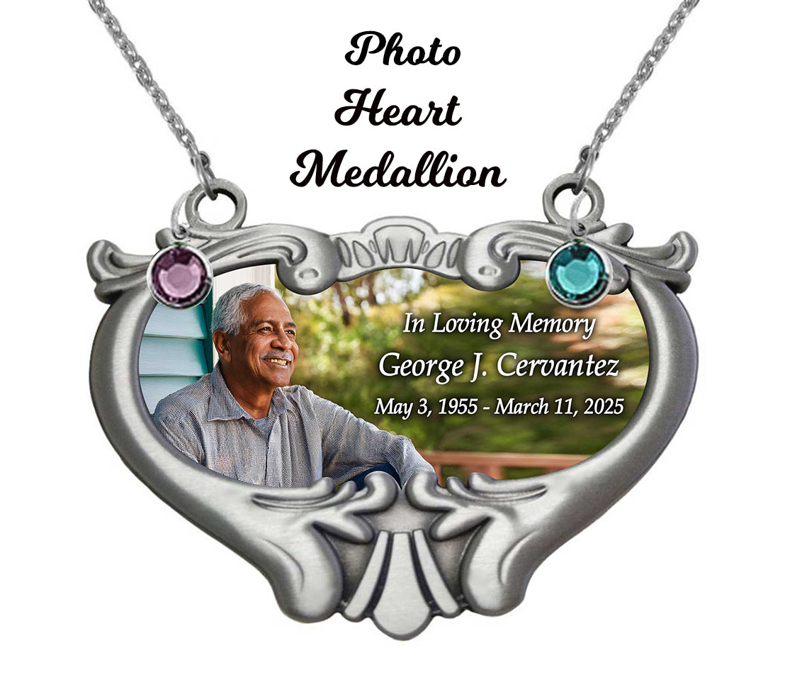 Photo Heart Medallion Urn Name Plate - Birth & Passing Stone Option