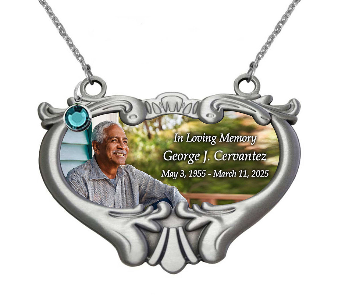 NEW! Photo Heart Medallion Urn Name Plate - Birth & Passing Stone Option