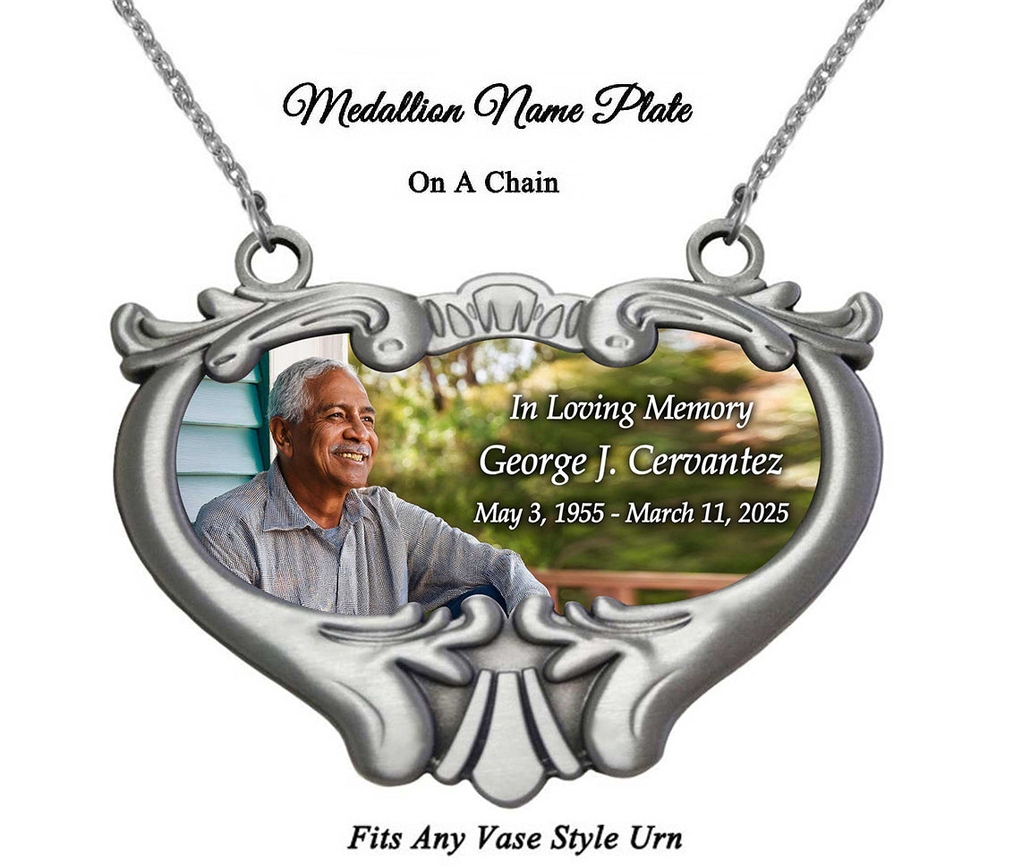 NEW! Photo Heart Medallion Urn Name Plate - Birth & Passing Stone Option
