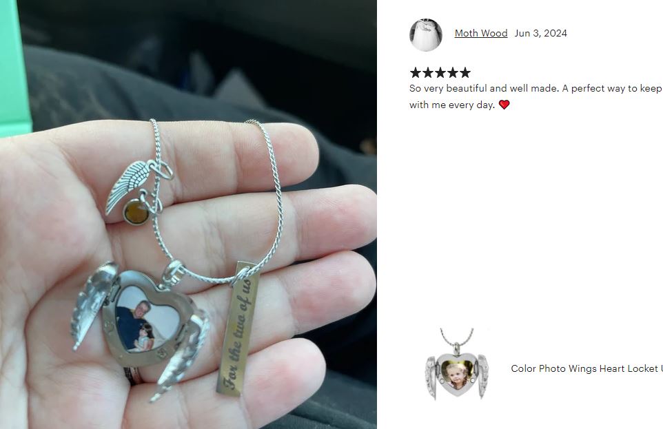 Color Photo Wings Heart Locket Jewelry Urn - Love Charms® Option