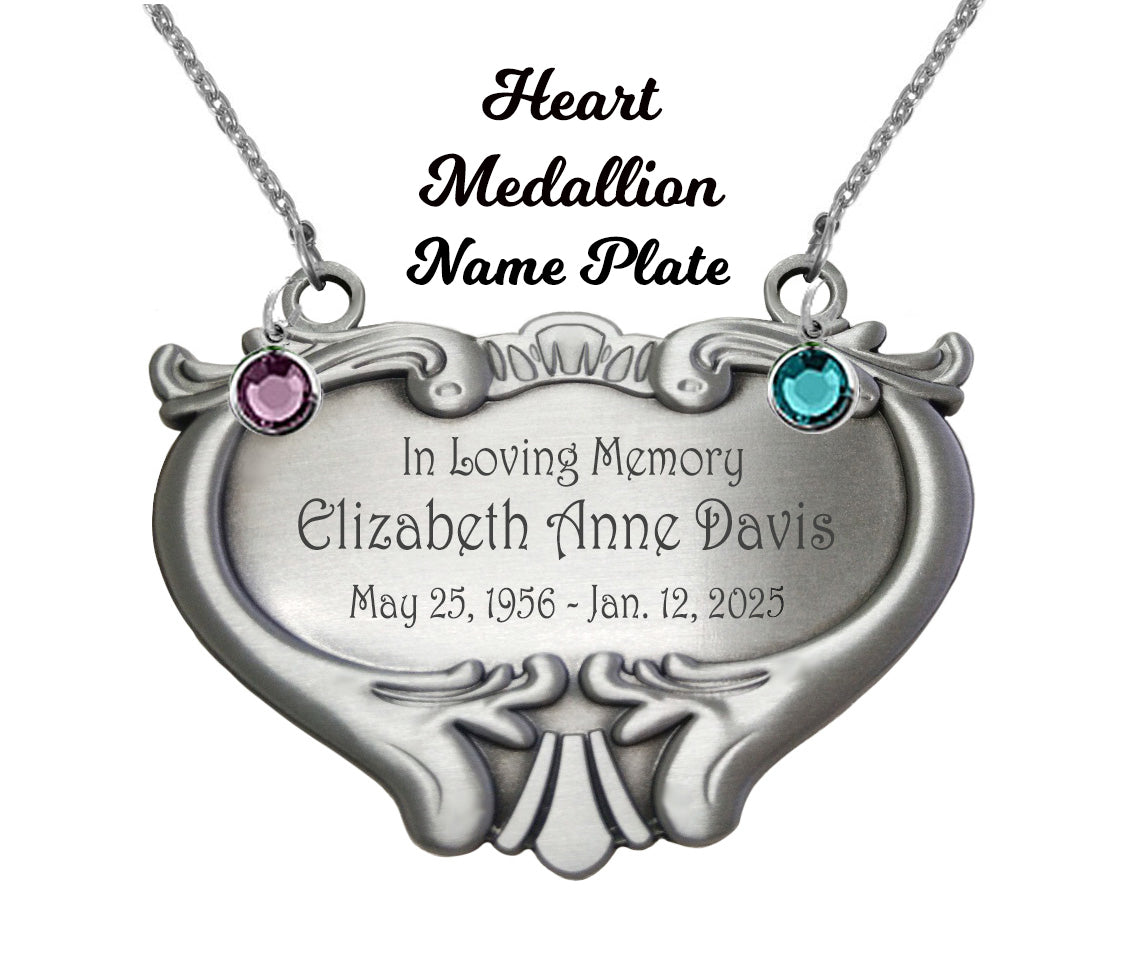 Heart Medallion Urn Name Plate - Birth & Passing Stone Option