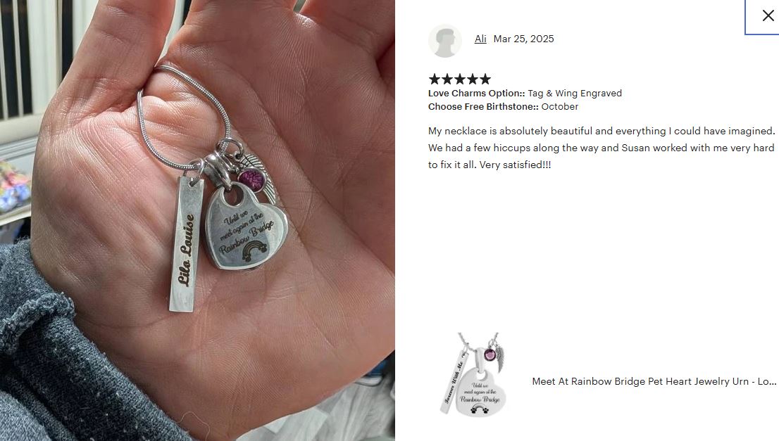 Meet At Rainbow Bridge Pet Heart Jewelry Urn - Love Charms® Option - Love Bird Pendant