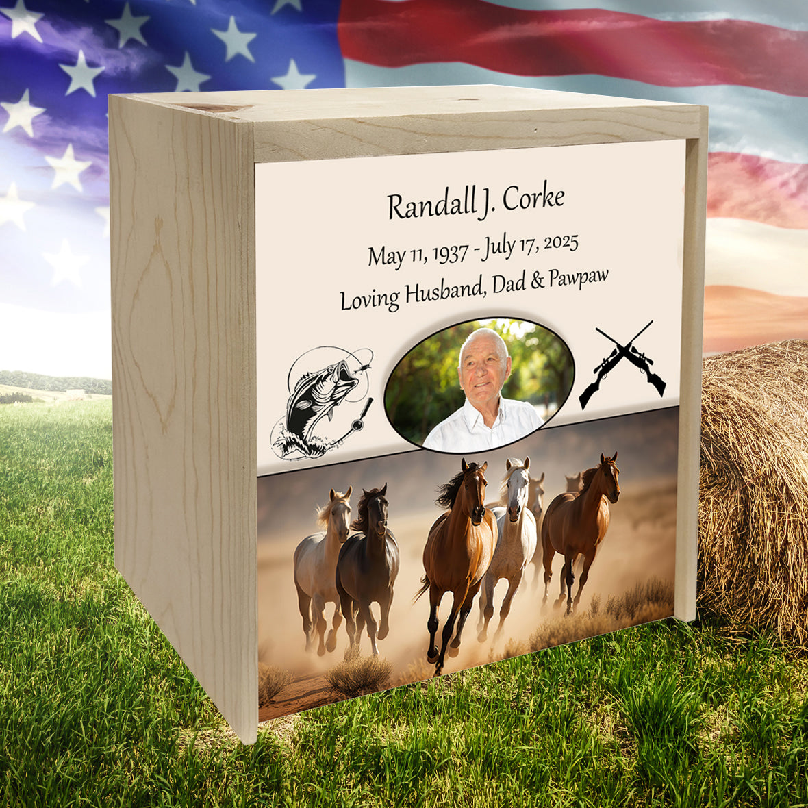 Horse Stampede Pine Box Photo Urn - Made in USA - Adult Cremation Wood Urn