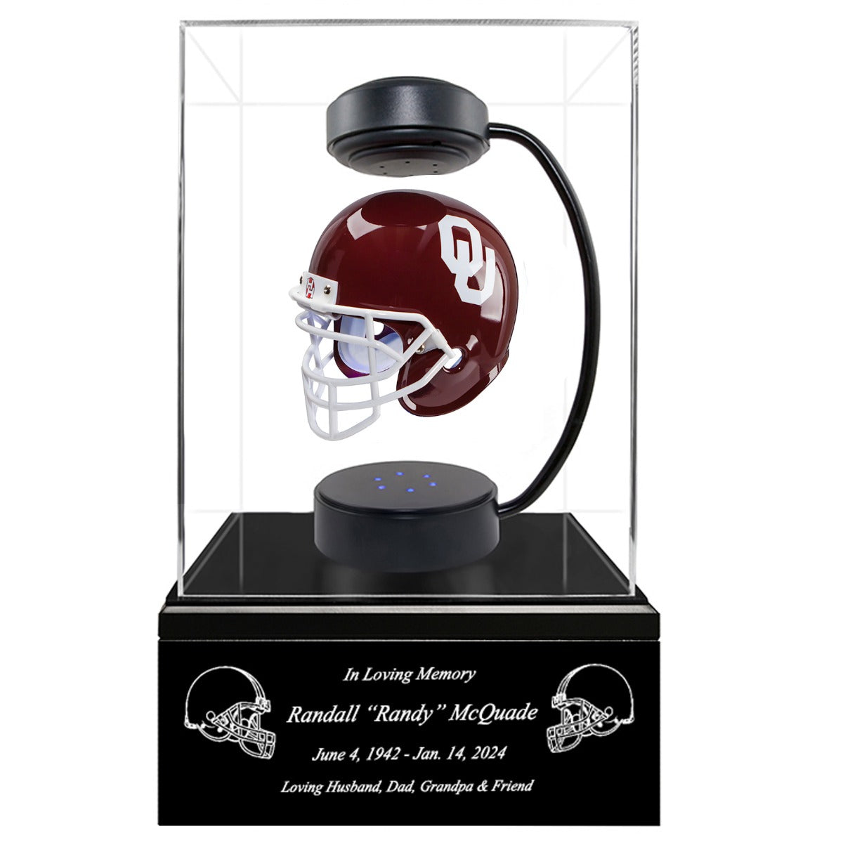 Football Adult or Medium Cremation Urn & University of Oklahoma Sooners Hover Helmet Décor - Free Engraving