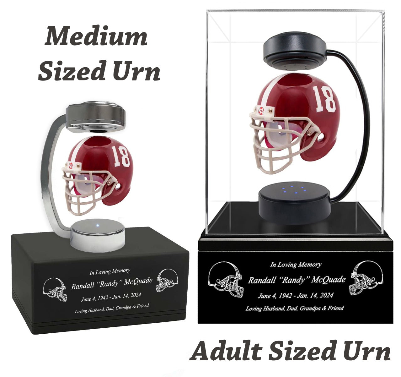 Football Adult or Medium Cremation Urn & University of Alabama 18 Hover Helmet Décor