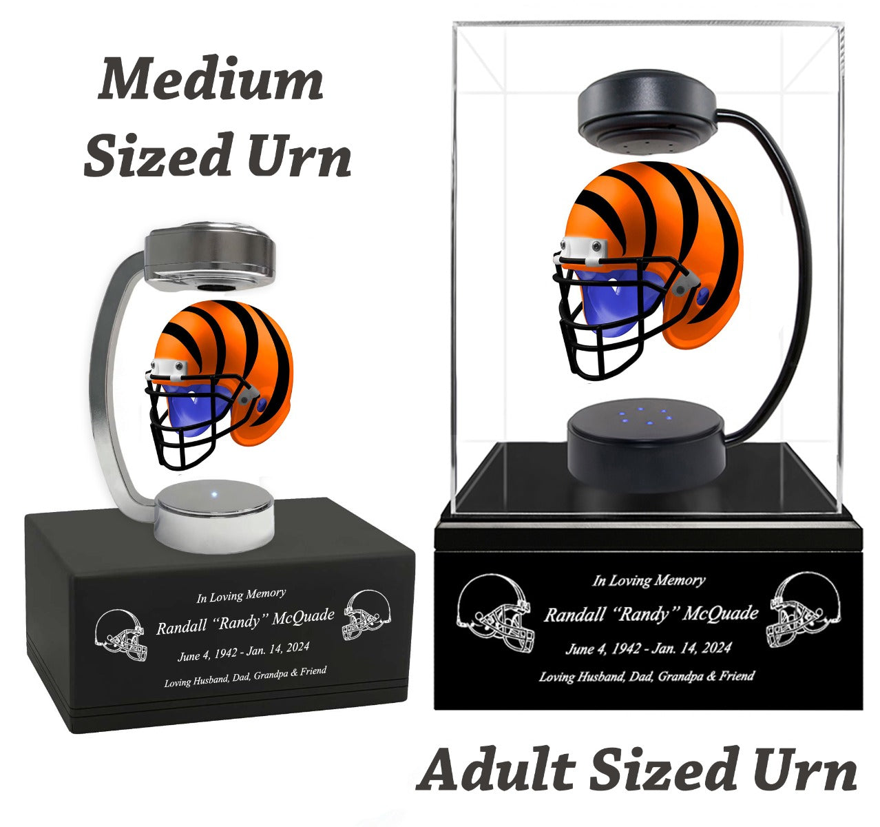 Football Adult or Medium Cremation Urn & Cincinnati Bengals Hover Helmet Décor - Free Engraving