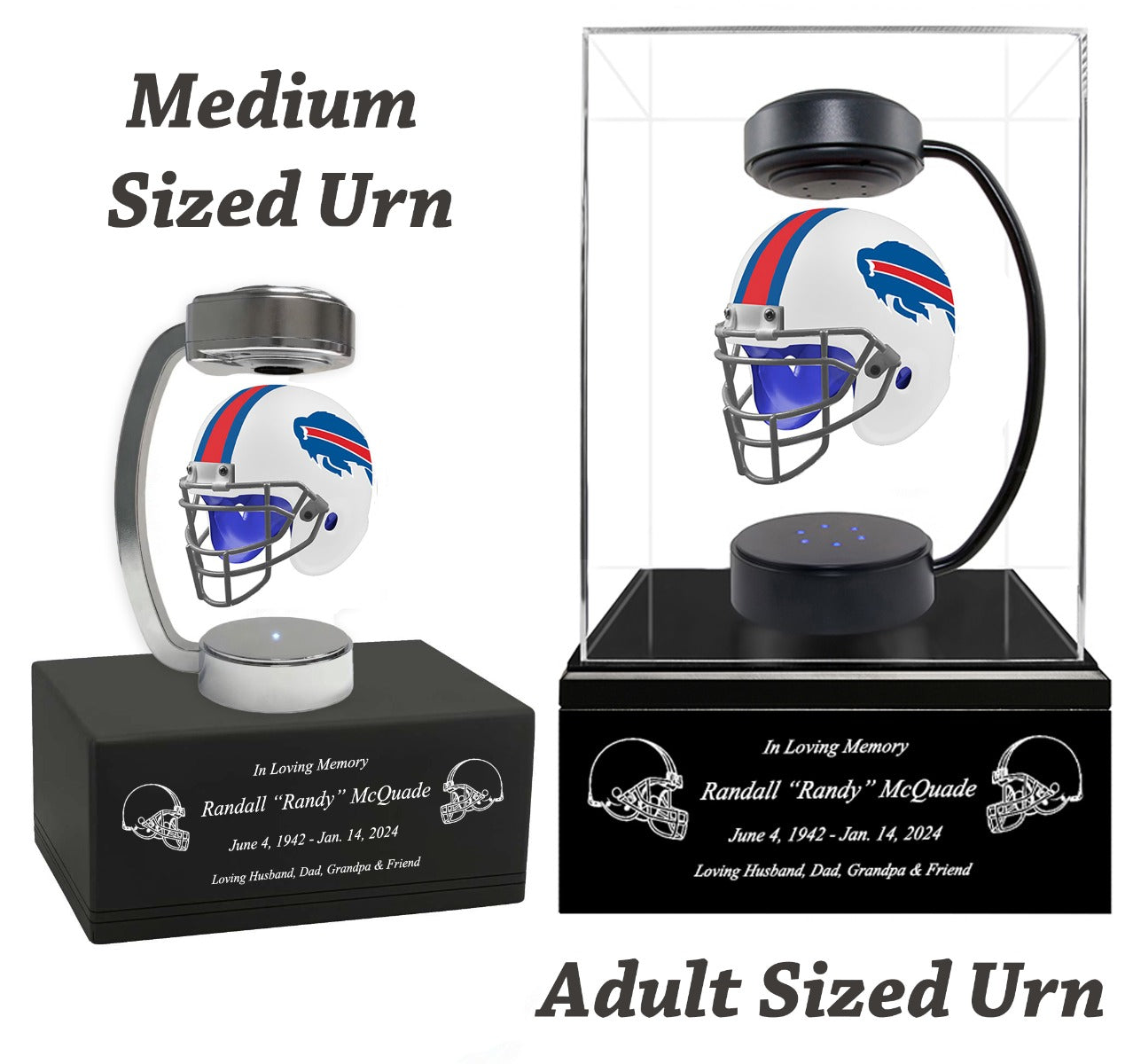 Football Adult or Medium Cremation Urn & Buffalo Bills Hover Helmet Décor - Free Engraving