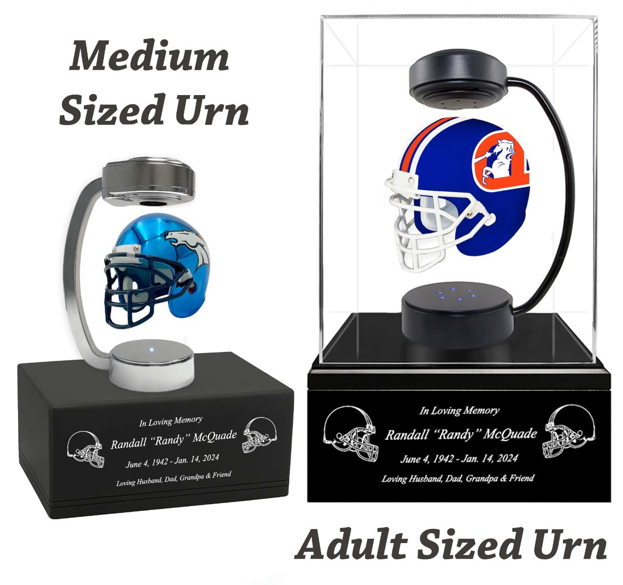 Football Adult or Medium Cremation Urn & Denver Broncos Hover Helmet Décor - Free Engraving