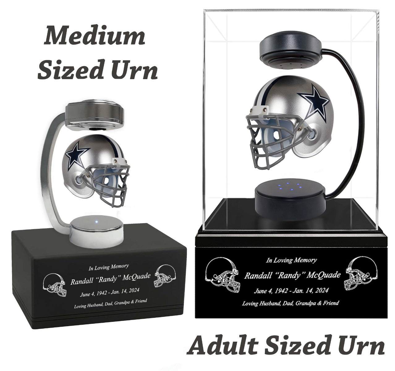 Football Adult or Medium Cremation Urn & Dallas Cowboys Hover Helmet Décor - Free Engraving