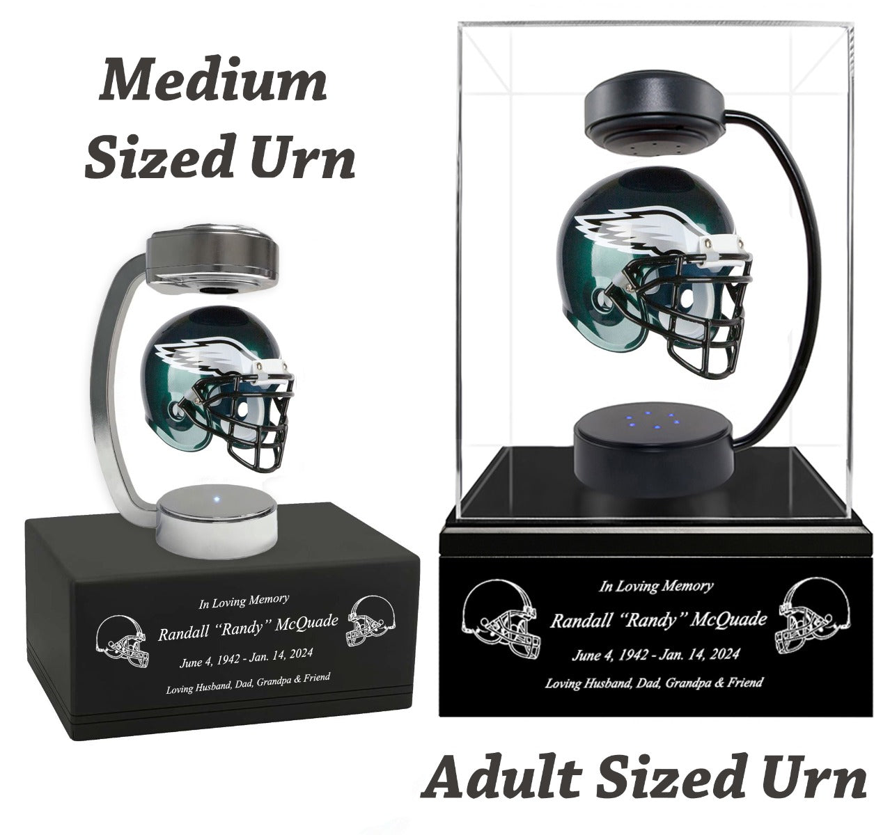 Football Adult or Medium Cremation Urn & Philadelphia Eagles Hover Helmet Décor - Free Engraving