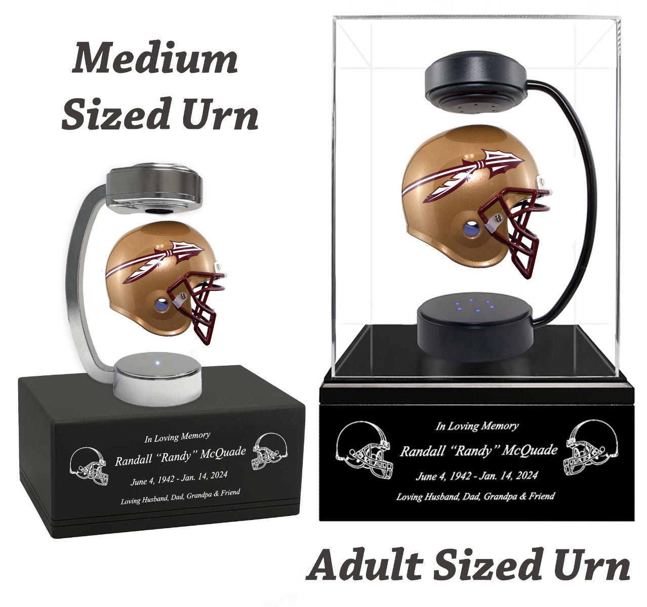 Football Adult or Medium Cremation Urn & Florida State Seminoles Hover Helmet Décor - Free Engraving