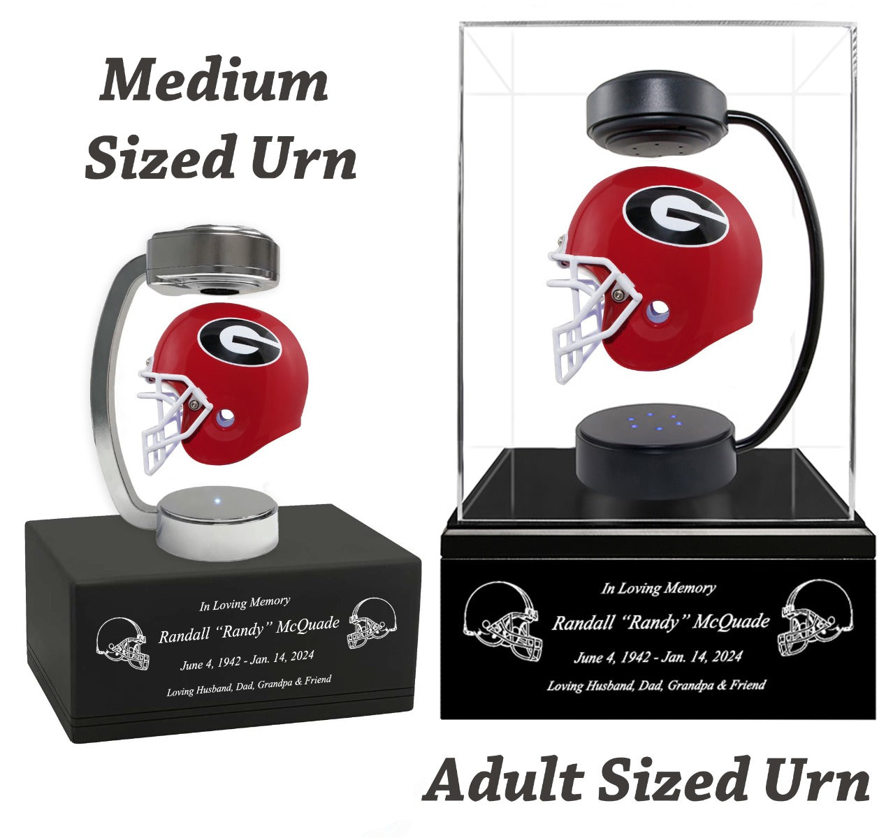 Football Adult or Medium Cremation Urn & University of Georgia Bulldogs Hover Helmet Décor - Free Engraving