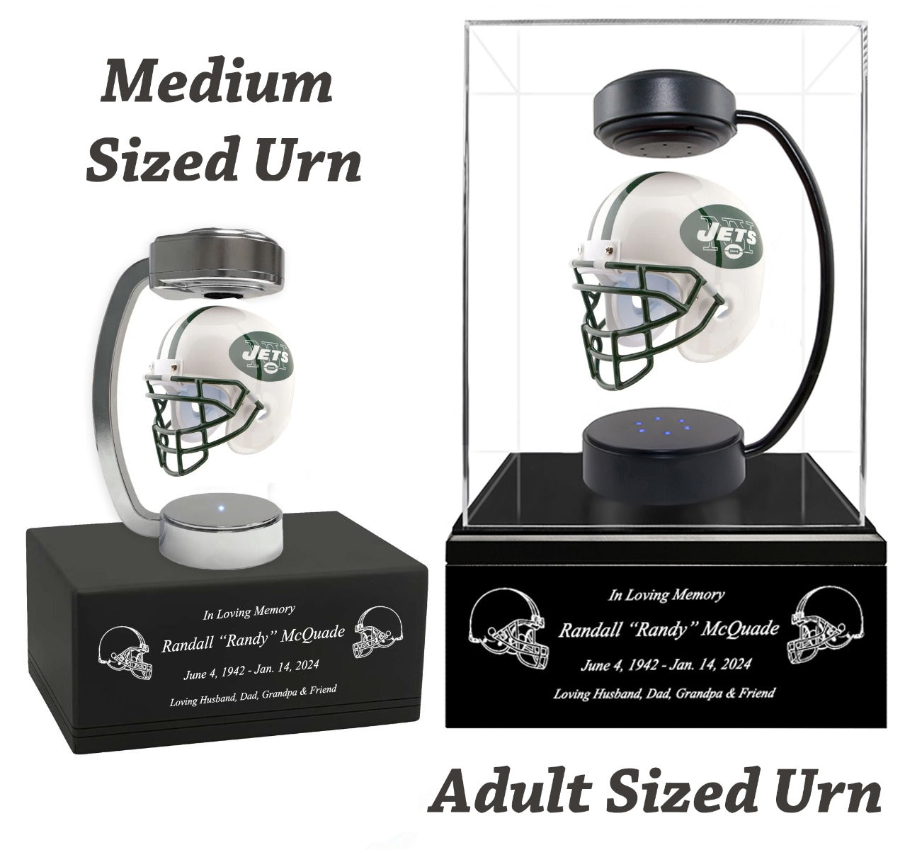 Football  Adult or Medium Cremation Urn & New York Jets Hover Helmet Décor - Free Engraving