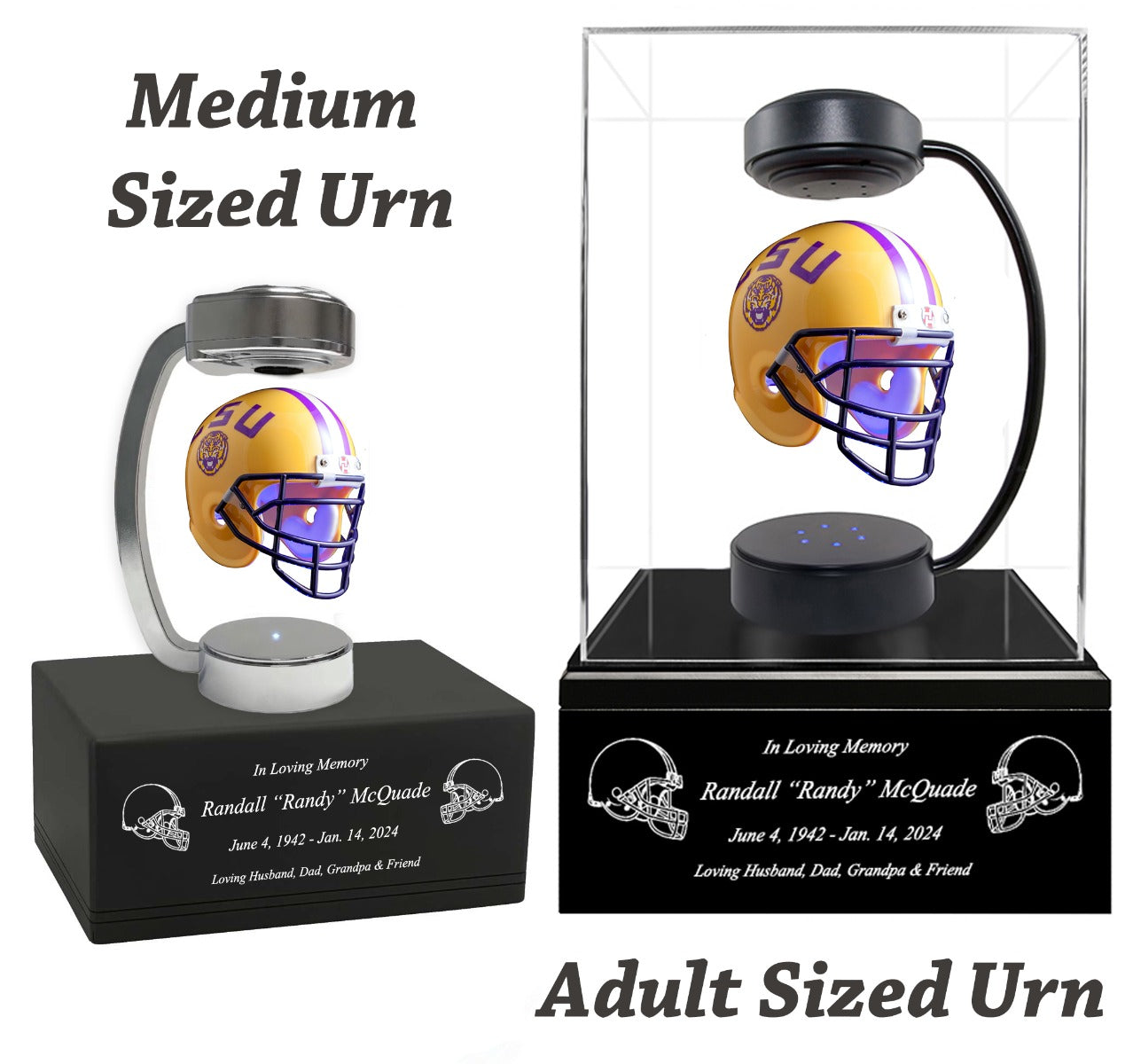 Football Adult or Medium Cremation Urn & LSU Tigers Hover Helmet Décor - Free Engraving