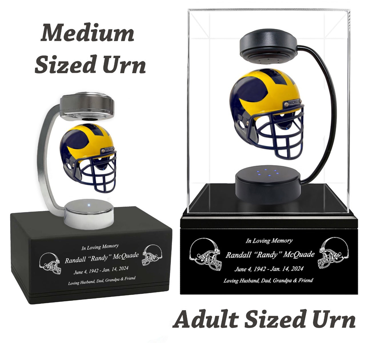 Football Adult or Medium Cremation Urn & University of Michigan Wolverines Hover Helmet Décor - Free Engraving