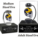 Football Adult or Medium Cremation Urn & University of Michigan Wolverines Hover Helmet Décor - Free Engraving