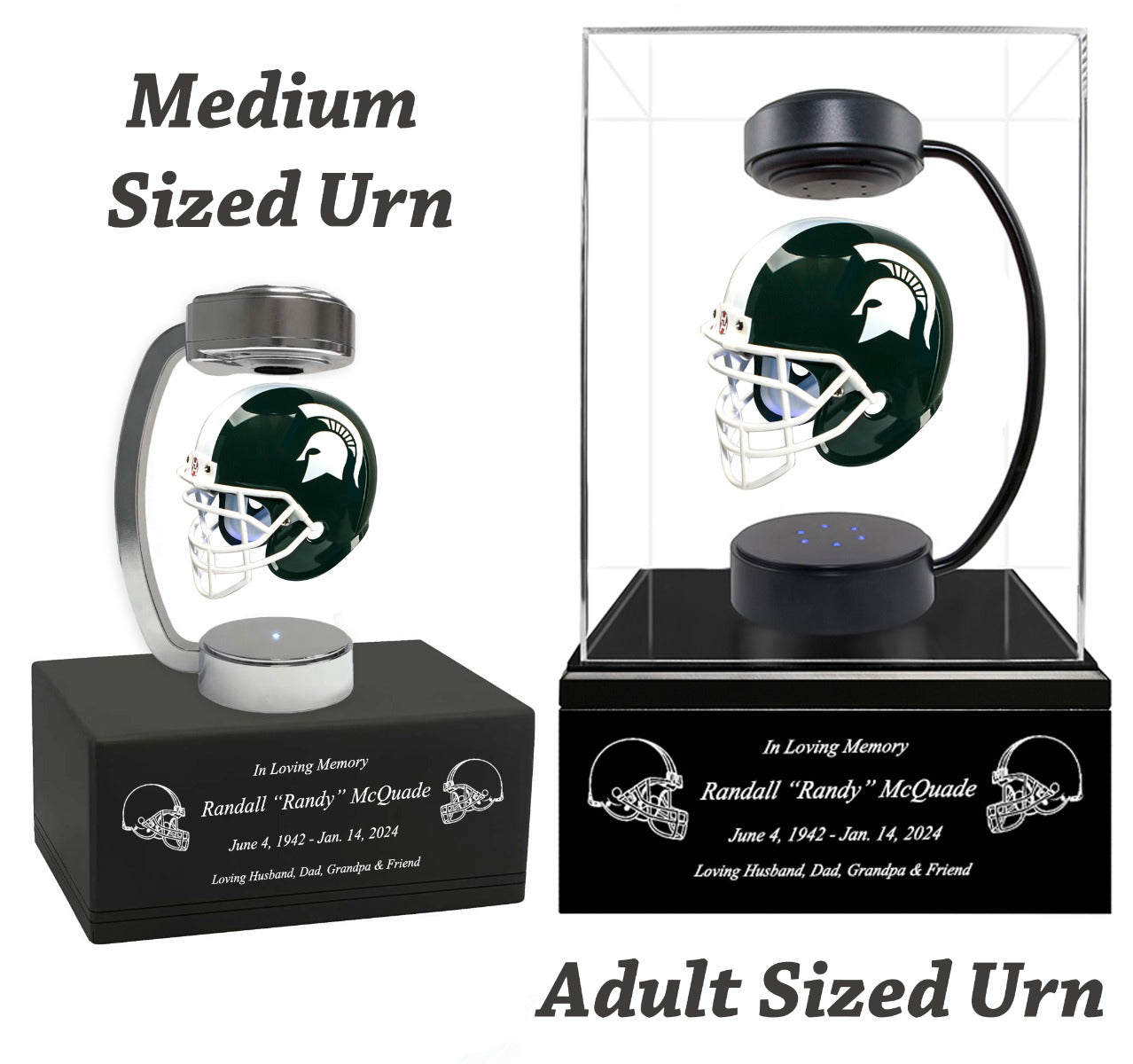 Football Adult or Medium Cremation Urn & Michigan State Spartans Hover Helmet Décor - Free Engraving
