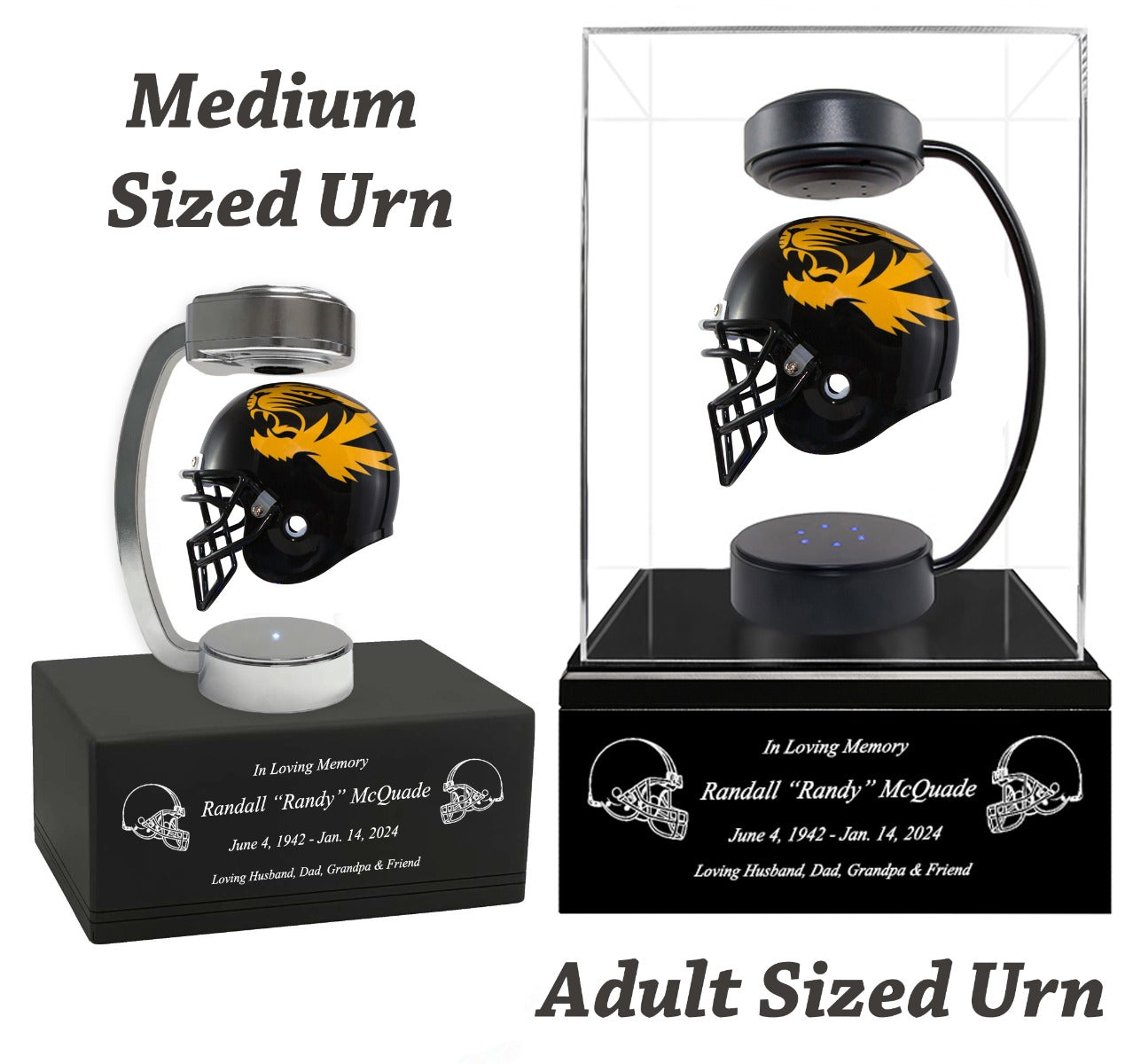 Football Adult or Medium Cremation Urn & University of Missouri Tigers Hover Helmet Décor - Free Engraving