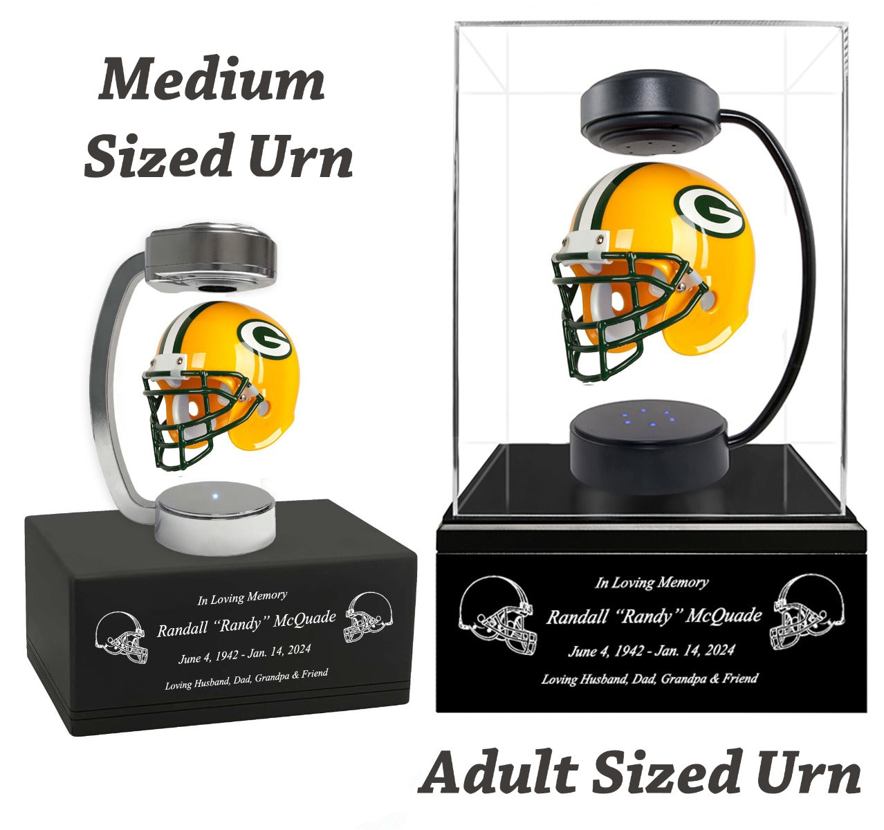 Football Adult or Medium Cremation Urn & Green Bay Packers Hover Helmet Décor - Free Engraving